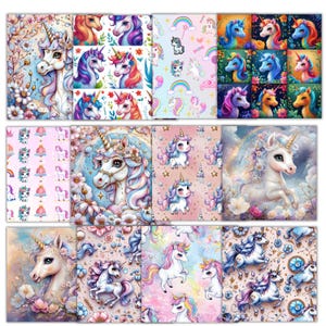 Unicorn Digital Paper: Kawaii Pastel Rainbow Glitter Patterns (Digital Download PNG Files 300 DPI)