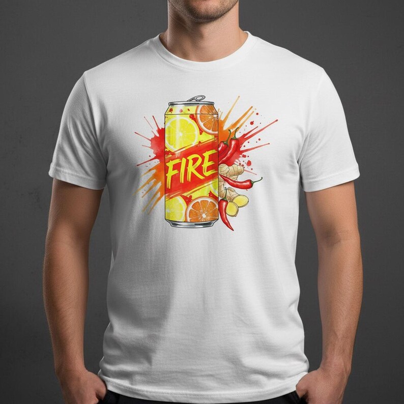 K&ouml;nnte beinhalten: Wei&szlig;es T-Shirt mit einem farbenfrohen Grafikdesign einer Getr&auml;nkedose. Das Design zeigt das Wort "FIRE" in fetten Buchstaben, Zitronen- und Orangenscheiben, Chilischoten und Ingwer, vor einem roten und gelben Hintergrund.