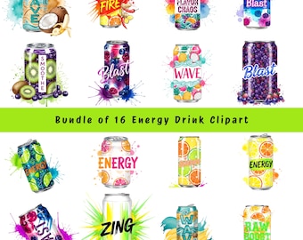 Paquete de 16 imágenes PNG de bebidas energéticas, conjunto de imágenes prediseñadas de bebidas energéticas con gas y sabor, diseños de sublimación de bebidas adorables.