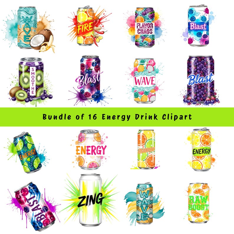 K&ouml;nnte beinhalten: Eine Sammlung von 16 Energy-Drink-Clipart-Bildern. Jede Dose hat ein einzigartiges Design mit Fruchtillustrationen und Farbspritzern. Auf den Dosen steht unter anderem "Wave", "Fire", "Flavor Chaos" und "Blast".