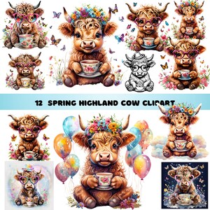 Watercolor Highland Cow Clipart Set: Spring Easter Baby Cow PNGs (Digital Download)