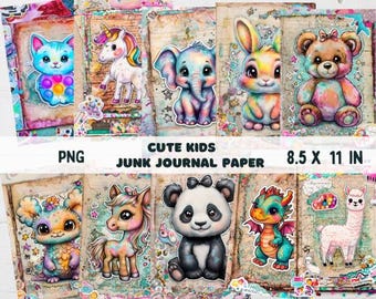 10 Niedliche Kinder Junk Journal Papier, druckbare Ephemera, Vintage Kinder Kinderzimmer Digitales Papier, Buntes, fröhliches Kinder Regenbogen Junk Journal Kit