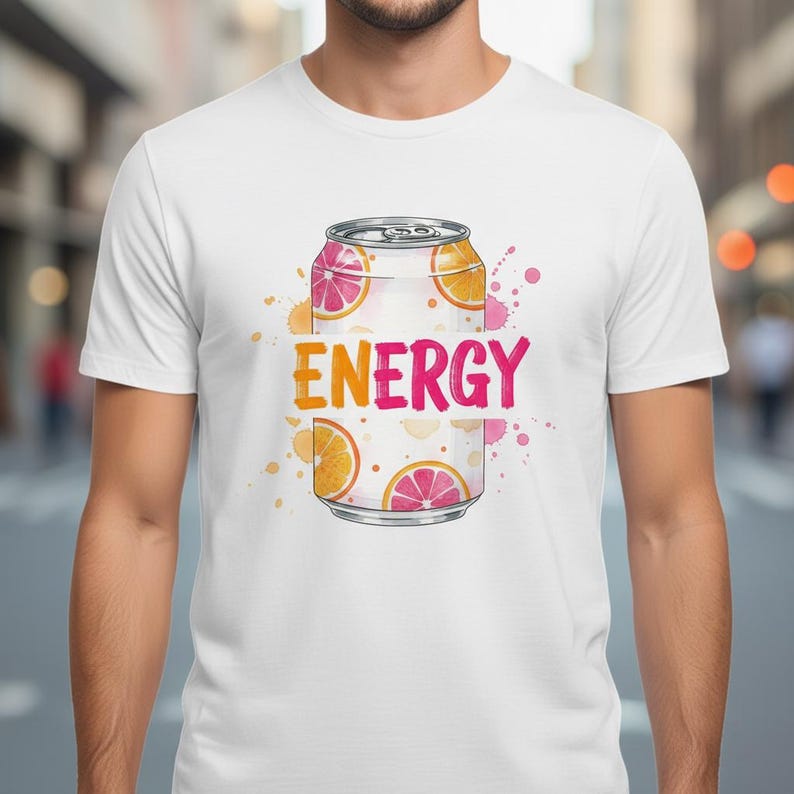 K&ouml;nnte beinhalten: Wei&szlig;es T-Shirt mit einem farbenfrohen Aufdruck einer Getr&auml;nkedose mit Orangen- und Grapefruit-Scheiben. Das Wort "ENERGY" ist in Pink und Orange gedruckt, erg&auml;nzt durch Farbspritzer um die Dose.