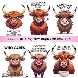 Grumpy Highland Cow PNG Bundle: Funny Sublimation Designs (Digital Download)