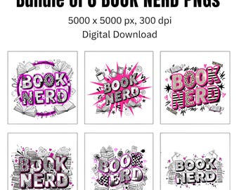 Paquete de 6 PNG de nerds de libros, diseño digital de sublimación retro de amantes de los libros, PNG de moda para bibliotecarios de Booktok.