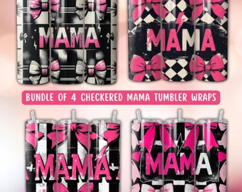 Pack of 4 Checkered Mama Tumbler Wrap, Retro Grunge Mom 20oz Skinny Sublimation Tumbler Design, Mother's Day Digital Download PNG