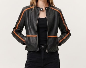 Vintage Racing Leather Jacket, Black Orange Genuine Leather Jacket, Retro Motorsport Biker Motorcycle Jacket