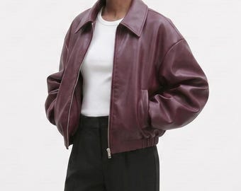 Women’s Oversized Burgundy Leather Jacket, Modern Minimalist Bomber Jacket, Chic Baggy Sheep Leather Jacket, Ladies Soft Leather Jacket