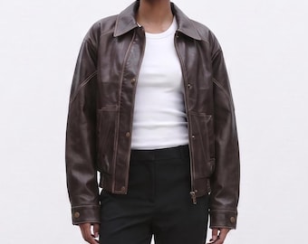 Oversized donkerbruin leren damesjack, klassiek bomberjack, vintage echt leren jas jaren 90-stijl, zacht wijd leren damesjack