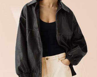 Women Oversized Black Leather Jacket, Genuine Sheep Leather Bomber Jacket, Ladies Soft Zip-Up Leather Outerwear, Casual Streetwear Coat