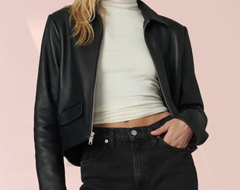 ジャケット・アウター 90s vintage short leather jacket black Women Cropped Leather Jacket – 90s Vintage Black Short Jacket