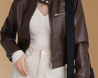 Women Brown Cropped Leather Jacket, Genuine Leather Biker Jacket, Ladies Moto Leather Jacket, Ladies Soft Real Sheep Leather jacket