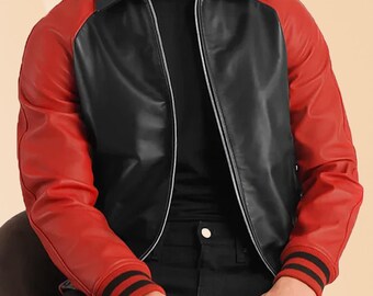 Men Leather Bomber Jacket, Black and Red Varsity Jacket, Gents Genuine Sheep Leather Motorcycle Biker Outerwear, Retro Moto Streetwear Coat