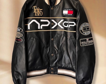 APXGP Black Leather Racing Varsity Jacket, F1 Movie Inspired Bomber