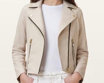 Beige leren damesbikerjack, bijgesneden schapenleren jas in motorstijl, dames minimalistische zachte lederen bovenkleding