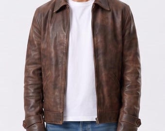 Men Vintage Brown Leather Jacket, Distressed Real Leather Coat, Classic Retro Bomber Jacket, Handmade Casual Sheep Leather Outerwear,