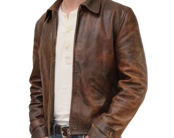 Chaqueta vintage de cuero marrón para hombre, abrigo de cuero auténtico desgastado, chaqueta bomber retro clásica, abrigo informal de piel de oveja hecho a mano.