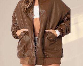Women Oversized Brown Leather Bomber Jacket, Genuine Leather Vintage Jacket, 90s Style Real Sheep Leather Jacket, Ladies Soft Baggy Jacket