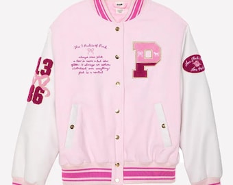Women LoveShackFancy x PINK Inspired Varsity Jacket, Pink & White Varsity Letterman Jacket, Retro College Style Bomber Jacket, Gifts for her