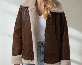 Women’s Brown Shearling Real Leather Jacket, Shearling Fur Aviator Coat, Winter Flight B3 Bomber Jacket, Soft Ladies Leather Jacket