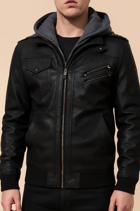 Herren Schwarz Leder Bikerjacke mit Kapuze, Echte Schaflederjacke