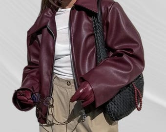 Women’s Oversized Burgundy Leather Jacket, Modern Minimalist Bomber Jacket, Chic Baggy Sheep Leather Jacket, Ladies Soft Leather Jacket