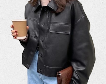 Women’s Vintage Black Leather Jacket, Oversized Lapel Collar Jacket, Loose Short Leather Coat, Chic Minimalist Pocket Jacket