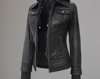 Tralee Black Bomber Leather Jacket, Women’s Removable Hood Motorcycle Jacket