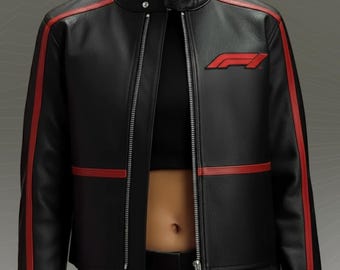 F1 Racing Leather Jacket, Black and Red Formula One Motorsport Biker Jacket