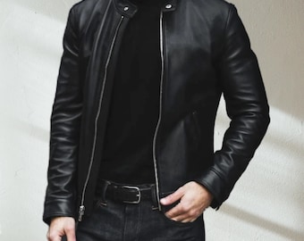 Men’s Black Leather Jacket, Minimalist Racer Jacket, Genuine Handmade Sheep Leather Moto Jacket, Classic Slim Fit Biker Outerwear