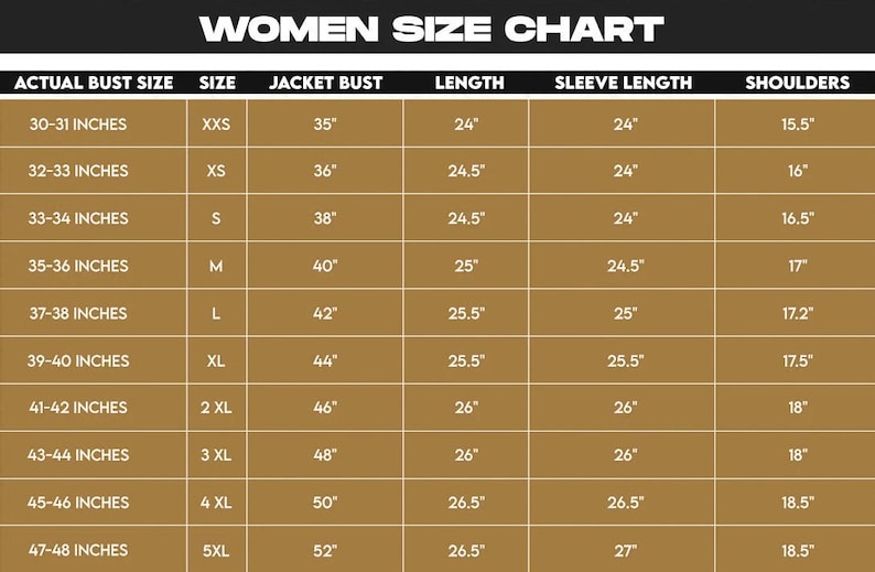 May include: A brown size chart table with white text titled WOMEN SIZE CHART. Columns include Actual Bust Size, Size, Jacket Bust, Length, Sleeve Length, and Shoulders, with measurements listed in inches for sizes ranging from XXS to 5XL.