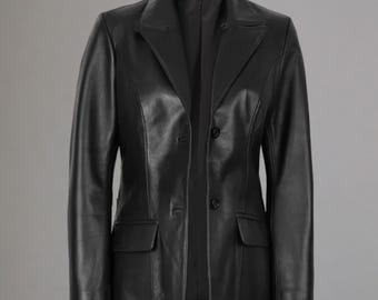 Women’s Black Leather Blazer Jacket, Two Button Real Sheep Leather Coat