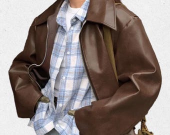 Women’s Oversized Brown Leather Jacket, Modern Minimalist Bomber Jacket, Chic Baggy Sheep Leather Jacket, Ladies Soft Leather Jacket