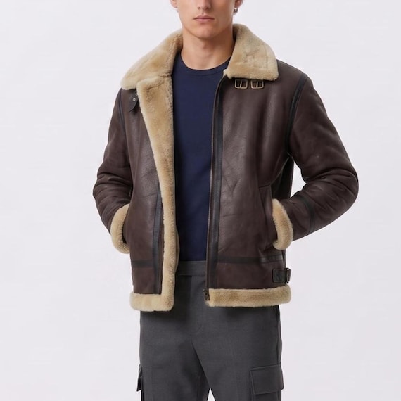 Men's Brown Shearling Leather Jacket, B3 Bomber Aviator Style, Real Leather Winter Coat, Gaming Cosplay Jacket, Halloween Costume