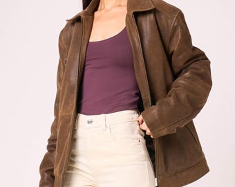 Women’s Brown Oversized Leather Jacket, Vintage Bomber Style Sheep Leather Baggy Jacket, Real Leather Biker Jacket, Fall Winter Outerwear
