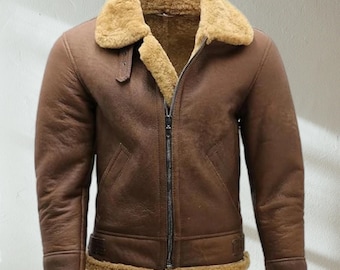 Men’s B3 Brown Real Leather Shearling Jacket, Light Distressed Aviator Bomber Sheep Leather Jacket with Fur Collar, Winter Flight Jacket