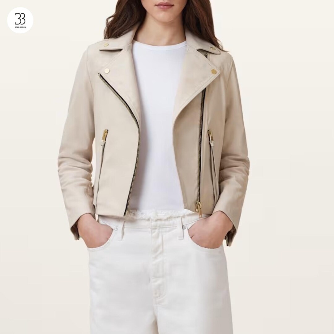 レディース ベージュレザーバイカージャケット、クロップド丈モト