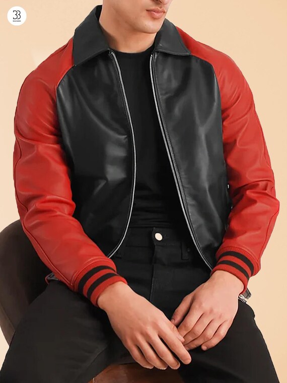 Herren Leder Bomberjacke, Schwarze und Rote Varsity Jacke, Herren
