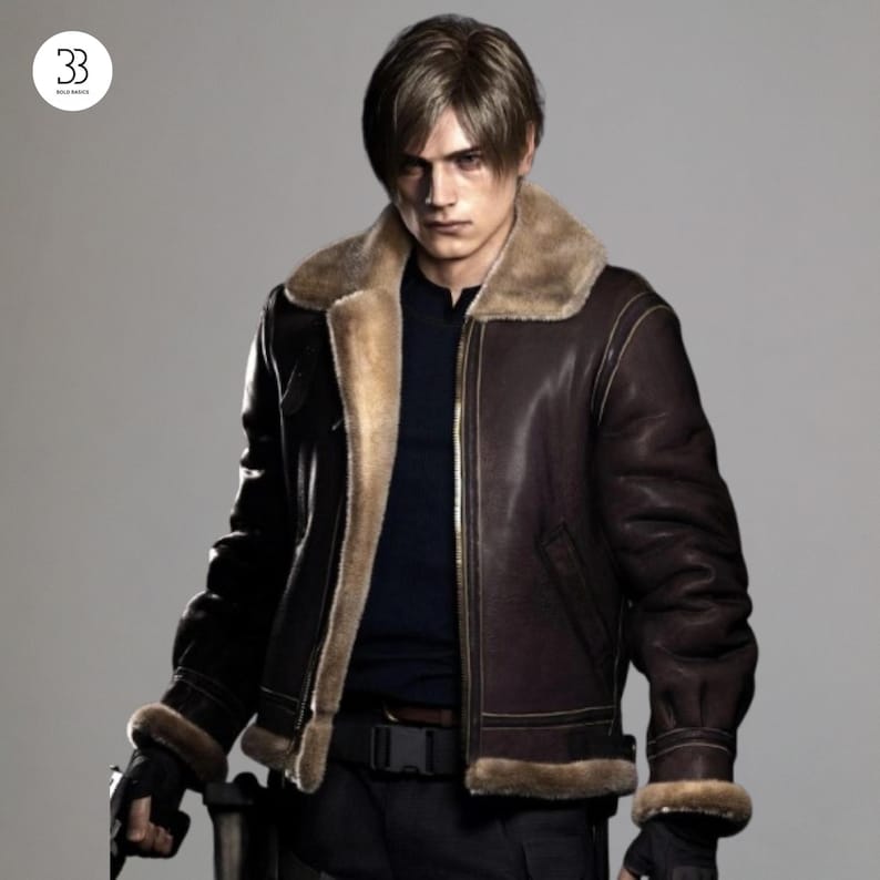 May include: A dark brown leather bomber jacket with a tan faux fur lining, a wide collar, and a front zipper closure. The jacket features visible stitching, ribbed cuffs with fur trim, and is worn over a dark shirt with a black belt and gloves.