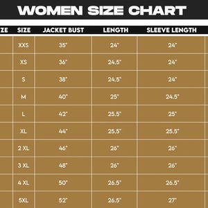May include: A women's size chart with measurements in inches. The chart includes bust size, jacket bust, length, sleeve length, and shoulder measurements for sizes XXS to 5XL. The text is in white on a brown background.