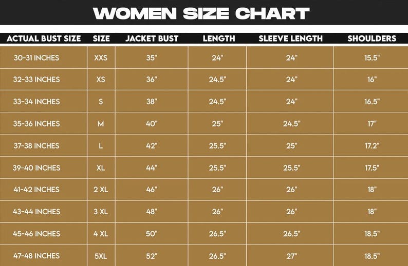 Puede incluir: Una tabla de tallas para mujeres con medidas en pulgadas. La tabla incluye contorno de busto, busto de chaqueta, largo, largo de manga y medidas de hombros para tallas XXS a 5XL. La tabla est&aacute; sobre un fondo marr&oacute;n.