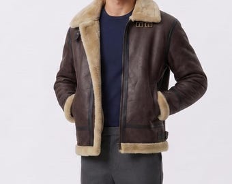 Bruine leren herenjas van schapenvacht, B3-bommenwerpervliegerstijl, schapenleer winterjas, gaming-cosplayjack, halloweenkostuum