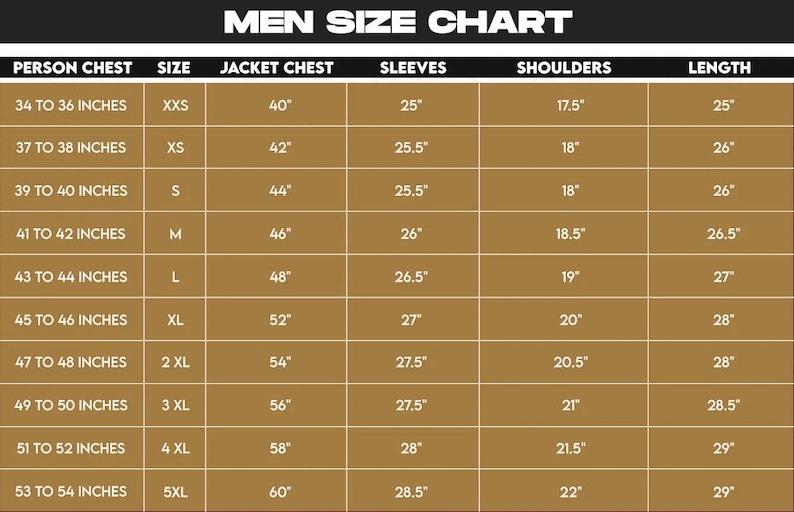 May include: A men's size chart with measurements in inches. The chart includes chest, jacket chest, sleeve, shoulder, and length measurements for sizes XXS to 5XL. The chart is on a brown background with white text.
