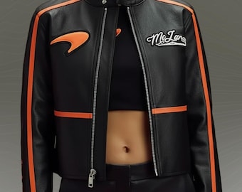 McLaren Racing Leather Jacket, Vintage Black Orange Genuine Leather Jacket, Formula One Jacket, F1 Motorsport Biker Motorcycle Jacket