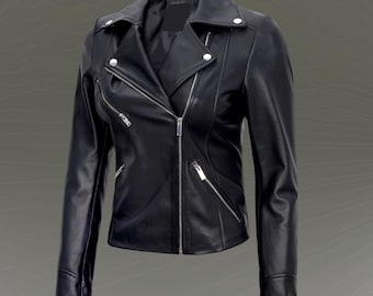Women's Black Genuine Sheep Leather Cropped Moto Biker Jacket