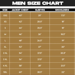 May include: A men's size chart with measurements in inches. The chart includes chest, jacket chest, sleeve, shoulder, and length measurements for sizes XXS to 5XL. The chart is on a brown background with white text.