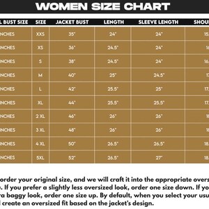 May include: A women's size chart with measurements in inches. The chart includes bust size, jacket bust, length, sleeve length, and shoulder measurements for sizes XXS to 5XL. The chart also includes a note about ordering the correct size for an oversized fit.