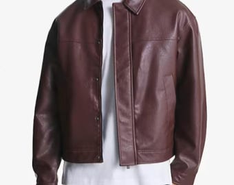 Men’s Burgundy Leather Jacket, Modern Minimalist Sheep Leather Jacket, Classic Straight-Fit Real Leather Jacket