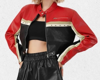 Women’s Cropped Leather Jacket, Red and Black Motorcycle Jacket, Cafe Racer Style Crop Jacket, Real Leather Biker Jacket for Women