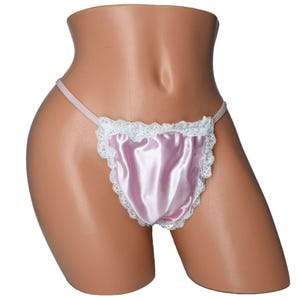 Pink Satin Sissy G-String Panties with Lace Trim – Crossdresser Femboy Lingerie